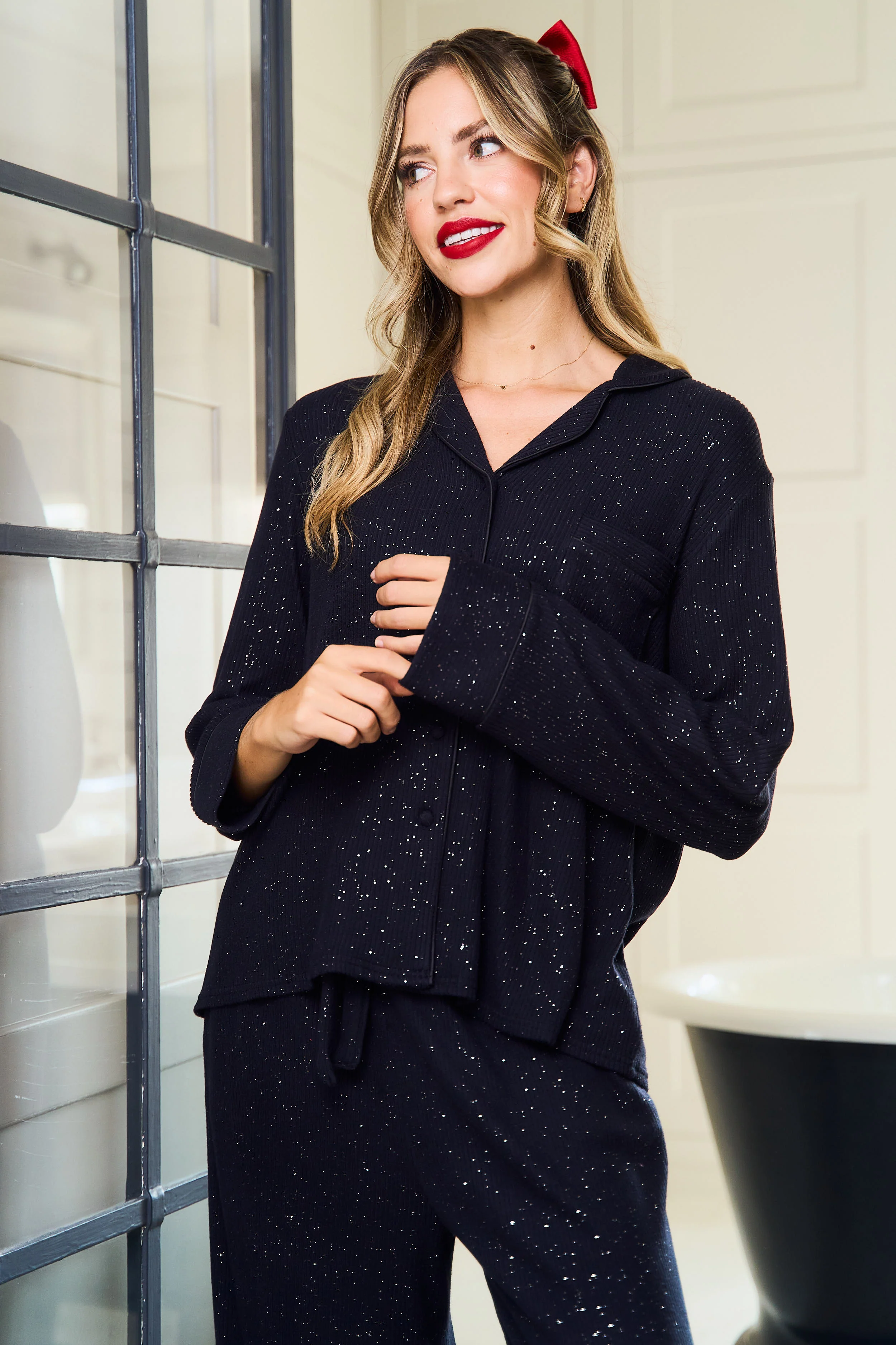 Black Ribbed Sparkle Pyjama Set - Image 4