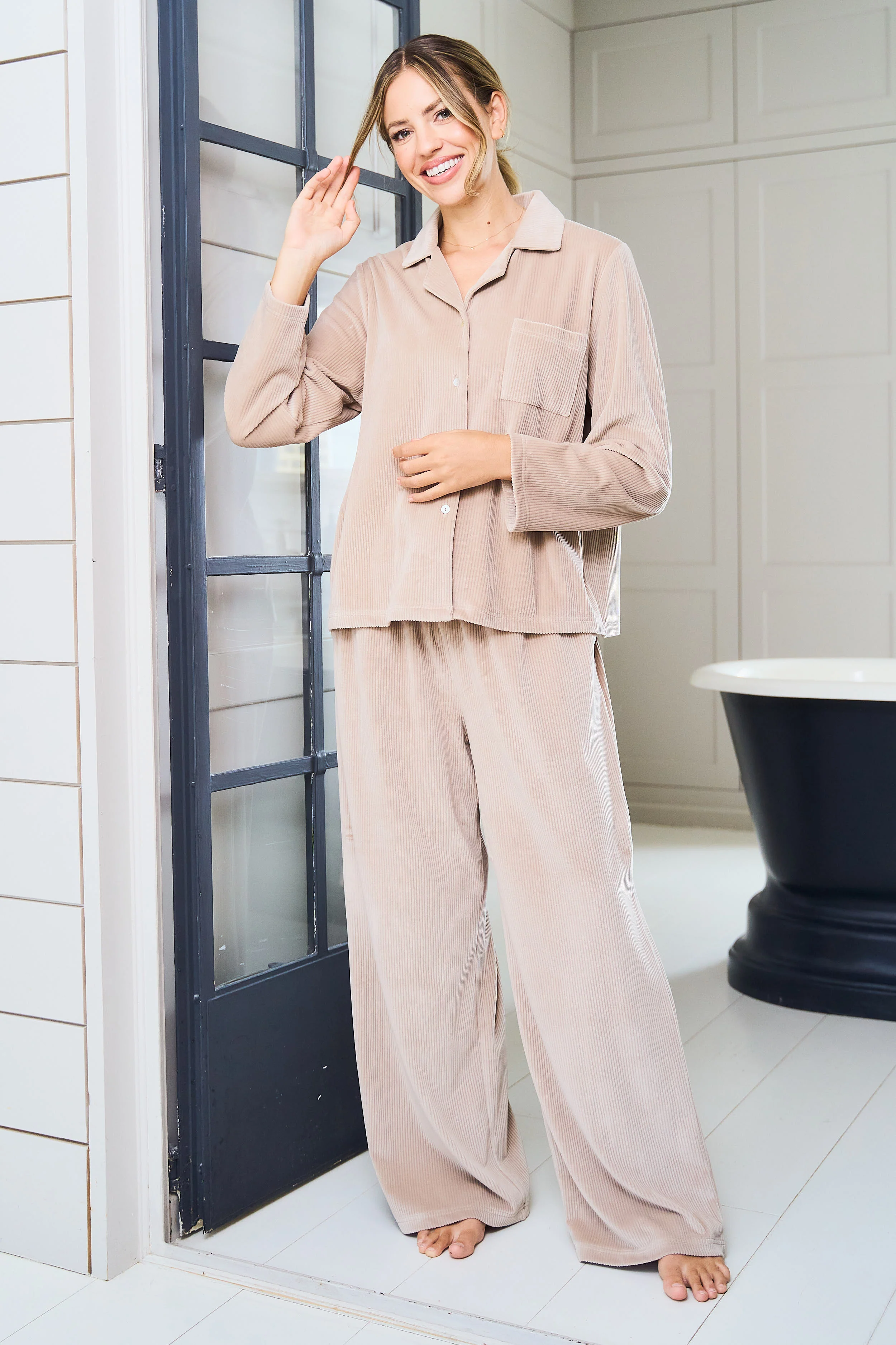 Mocha Ribbed Revere Pyjama Set - Image 2